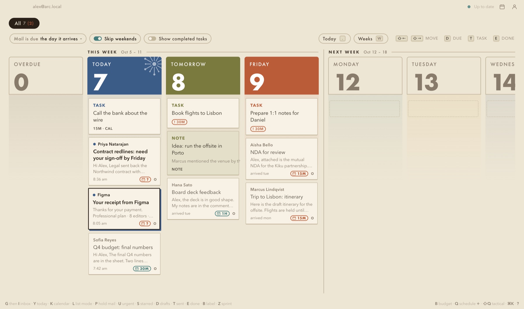 The Blocks board: Today, Tomorrow and Friday as columns, each holding the mail, tasks and notes due that day